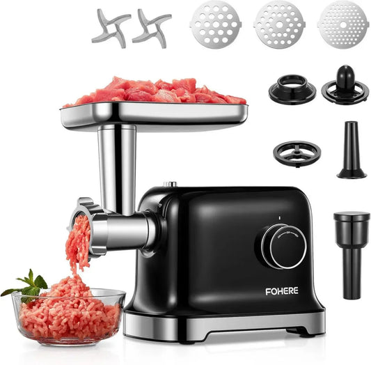 Hachoir à Viande Électrique FOHERE 2000W, Lames Double et Accessoires Saucisse, Noir