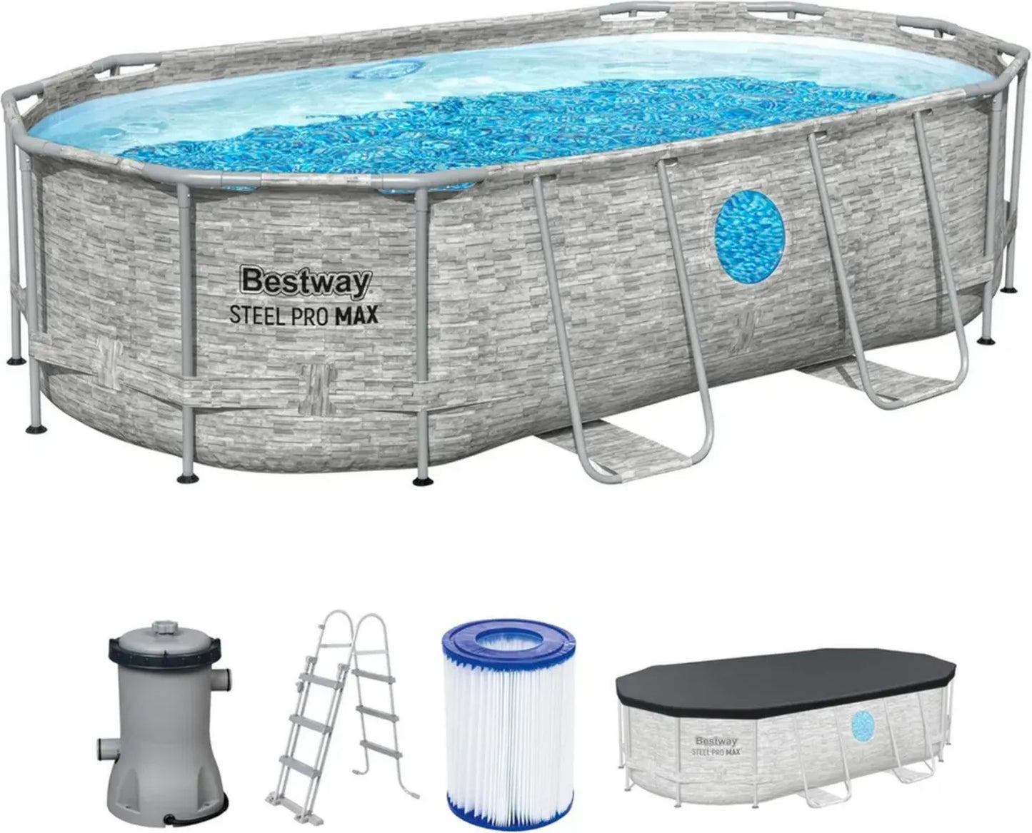 Piscine Ovale Bestway Power Steel Vista, Kit Complet avec Pompe de Filtration, Mur Imitation Pierre, 427 x 250 x 100 cm